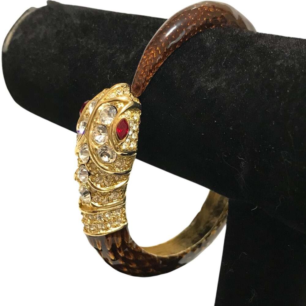 Kenneth Jay Lane Pavé Crystal Snake Hinged Bracelet Clear Stone Brown Enamel